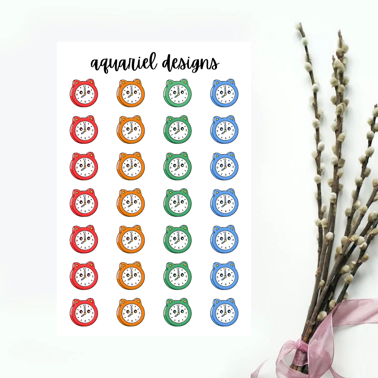 Cute Cat Clock Stickers, 28 Cute Cat Productivity Stickers for Planners, Calendars, Bullet Journals, etc.
