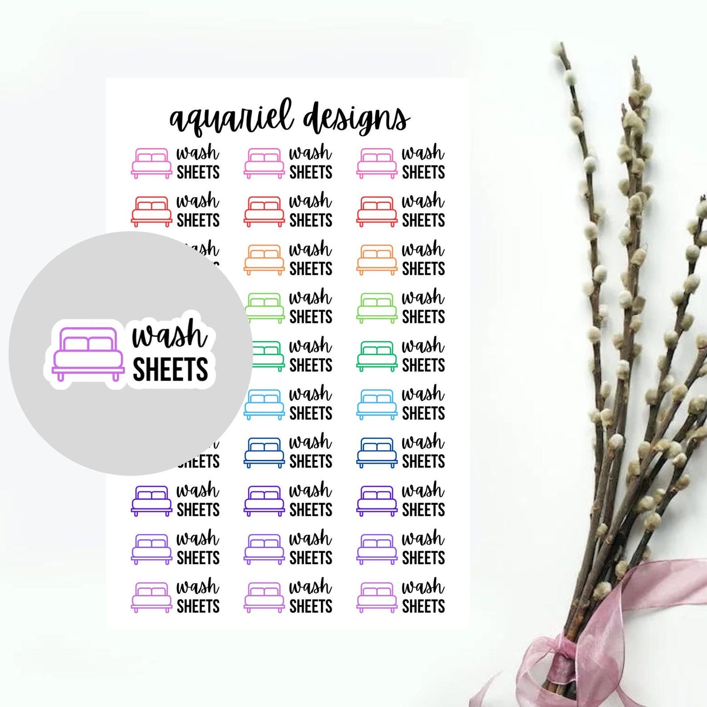Wash Sheets Stickers, 30 Wash Bed Sheets Reminder Stickers for Planners, Calendars, Bullet Journals, etc.