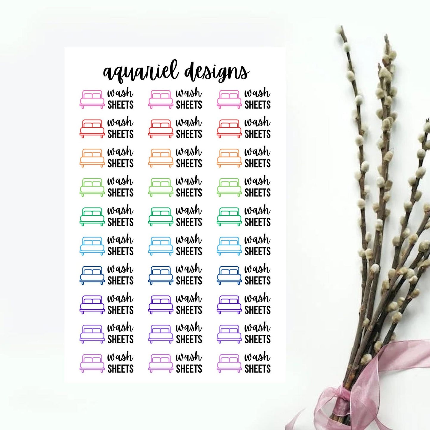 Wash Sheets Stickers, 30 Wash Bed Sheets Reminder Stickers for Planners, Calendars, Bullet Journals, etc.