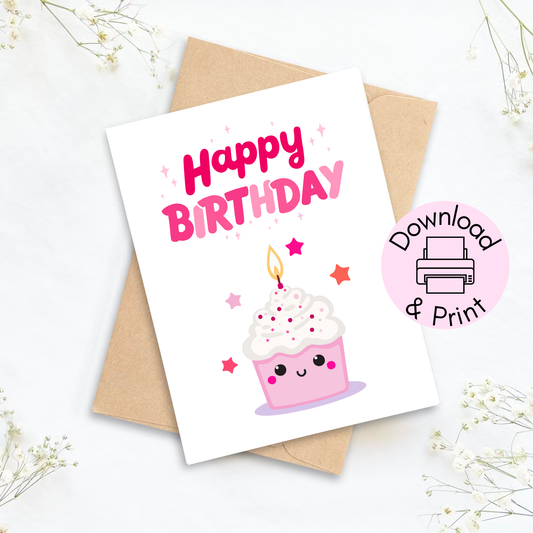 Cute Cupcake Birthday Printable Card | Cupcake Happy Birthday Card | Instant Download Card