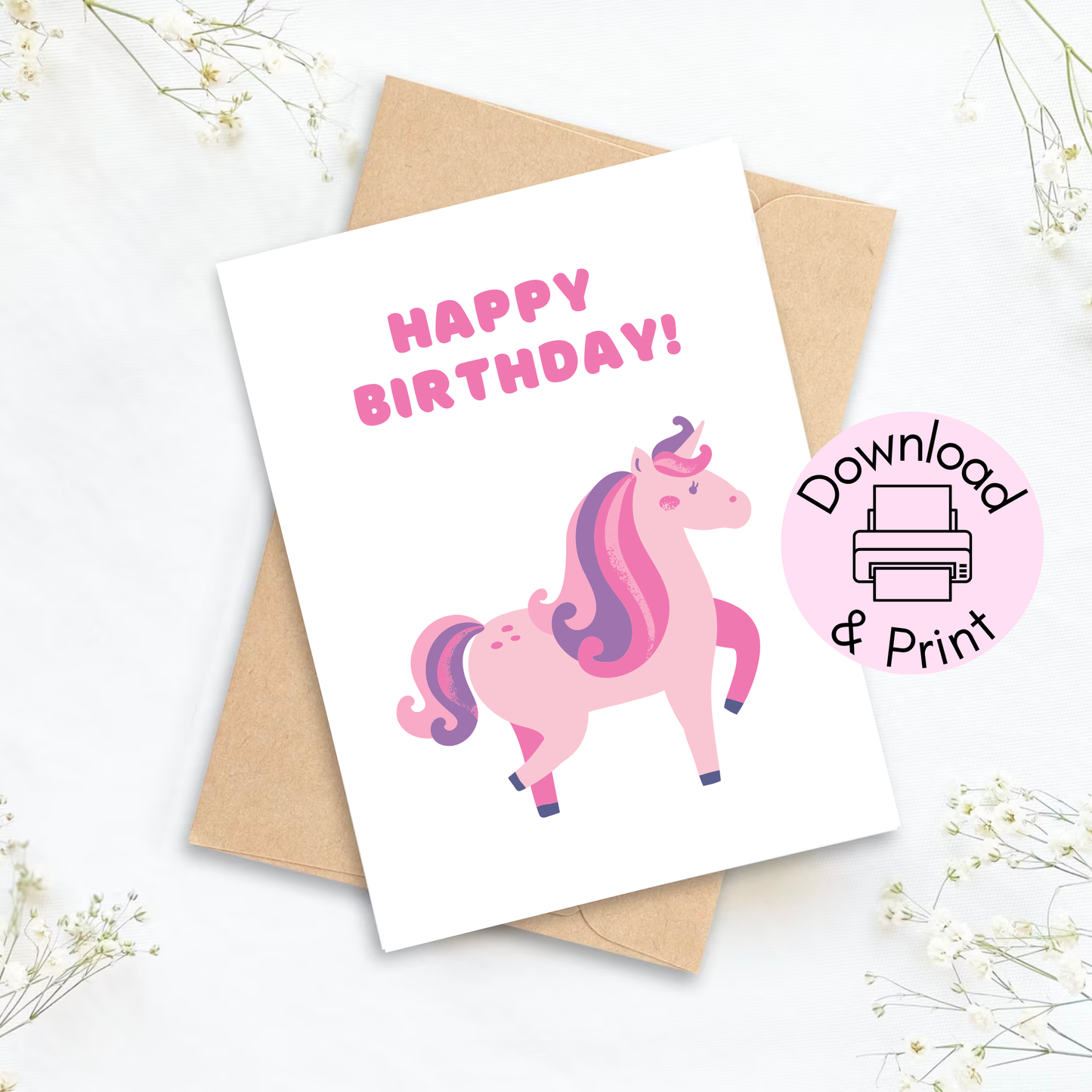 Pink Unicorn Birthday Printable Card | Unicorn Happy Birthday Card | Instant Download Card