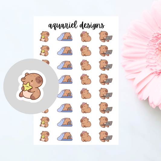 Cute Capybara Stickers, 32 Cute Capybara Stickers for Planners, Calendars, Bullet Journals, etc.