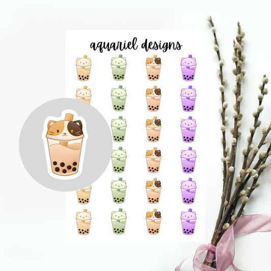 Boba Cat Stickers, 24 Boba Cat Stickers for Planners, Calendars, Bullet Journals, etc.