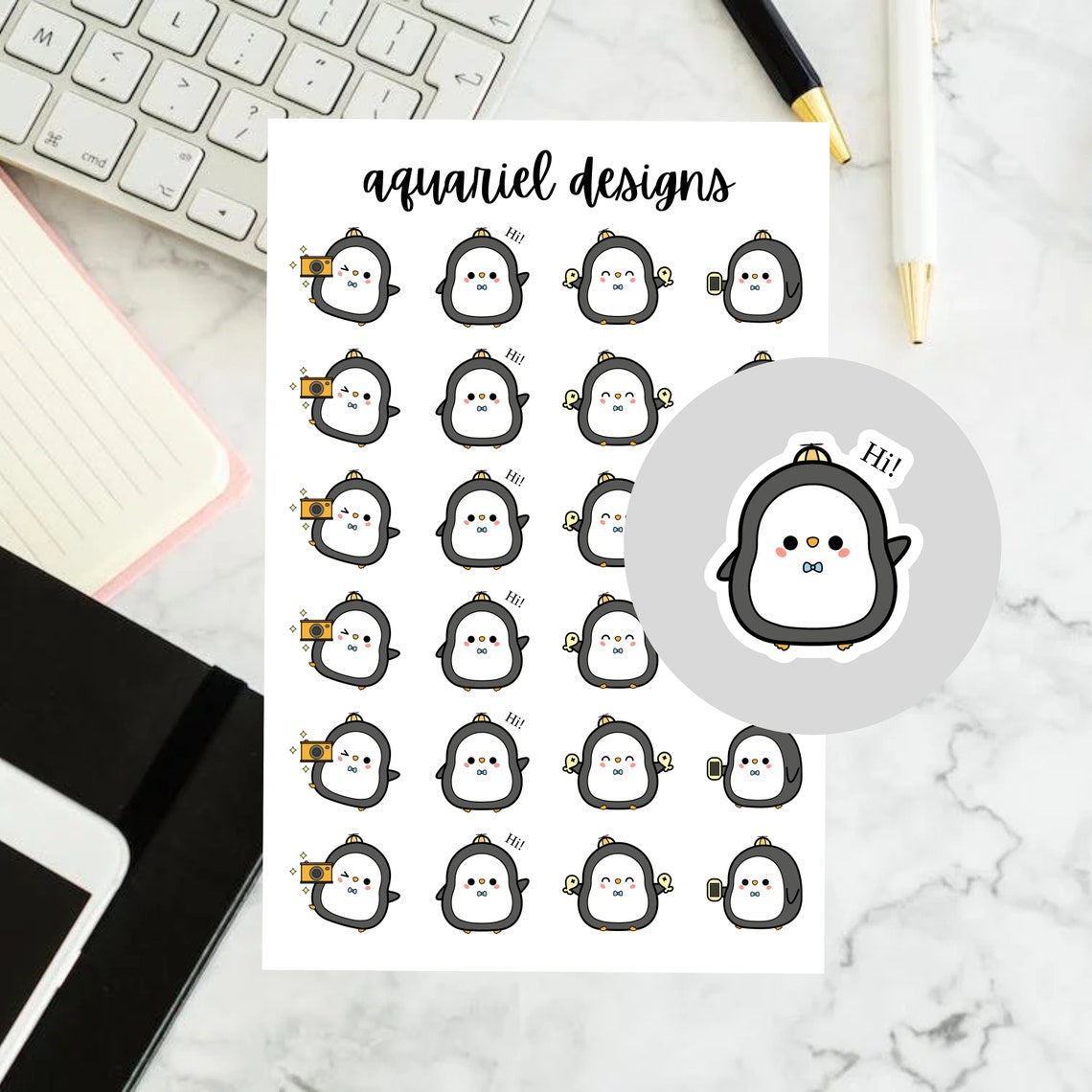 Cute Penguin Stickers, 24 Penguins Stickers for Planners, Calendars, Bullet Journals, etc.