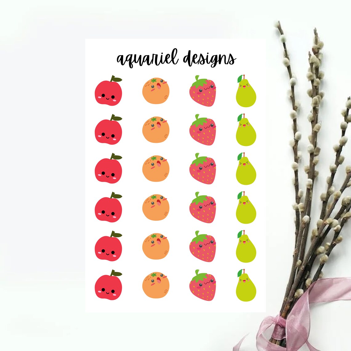 Cute Fruit Stickers, 24 Cute Fruit Stickers for Planners, Calendars, Bullet Journals, etc.