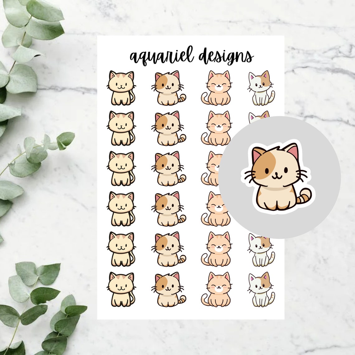 Cute Cat Stickers, 24 Cute Cat Stickers for Planners, Calendars, Bullet Journals, etc.