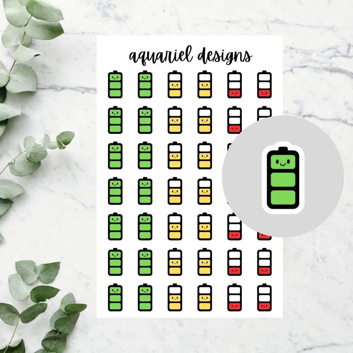 Cute Energy Tracker Stickers, 42 Kawaii Energy Battery Tracker Stickers for Planners, Bullet Journals, Calendars, etc.