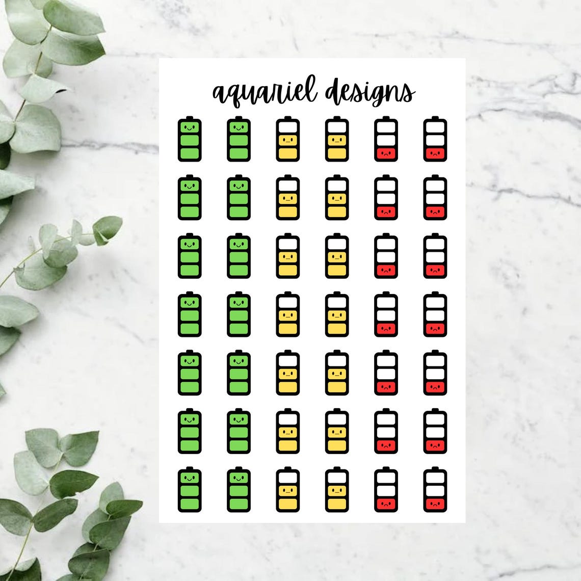 Cute Energy Tracker Stickers, 42 Kawaii Energy Battery Tracker Stickers for Planners, Bullet Journals, Calendars, etc.