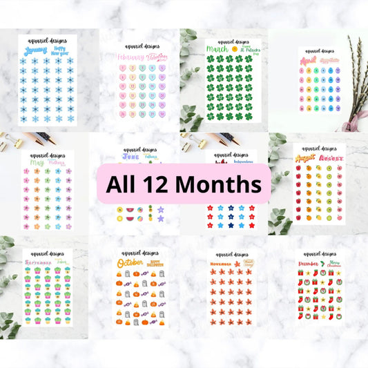 12 Pack Monthly Stickers, Full Year of Themed Planner Stickers, Bullet Journal Stickers