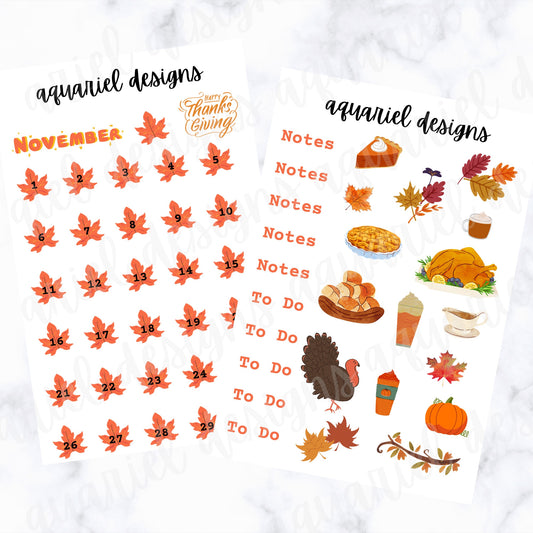 November Monthly Sticker Kit | Thanksgiving Themed Planner Stickers | Bujo Stickers