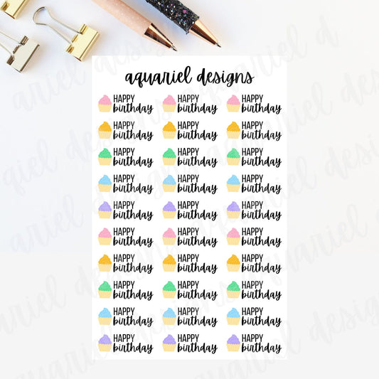 Happy Birthday Cupcake Stickers | Set of 30 Birthday Planner Stickers | Bullet Journal Stickers