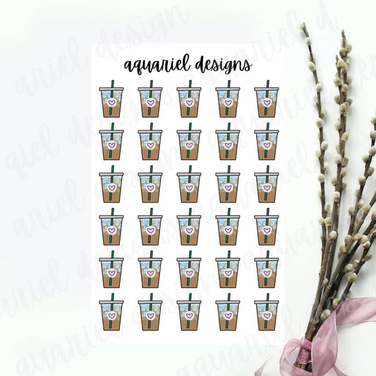 Iced Coffee Cups Sticker Sheet | Set of 30 Coffee Cups Planner Stickers | Bullet Journal Stickers