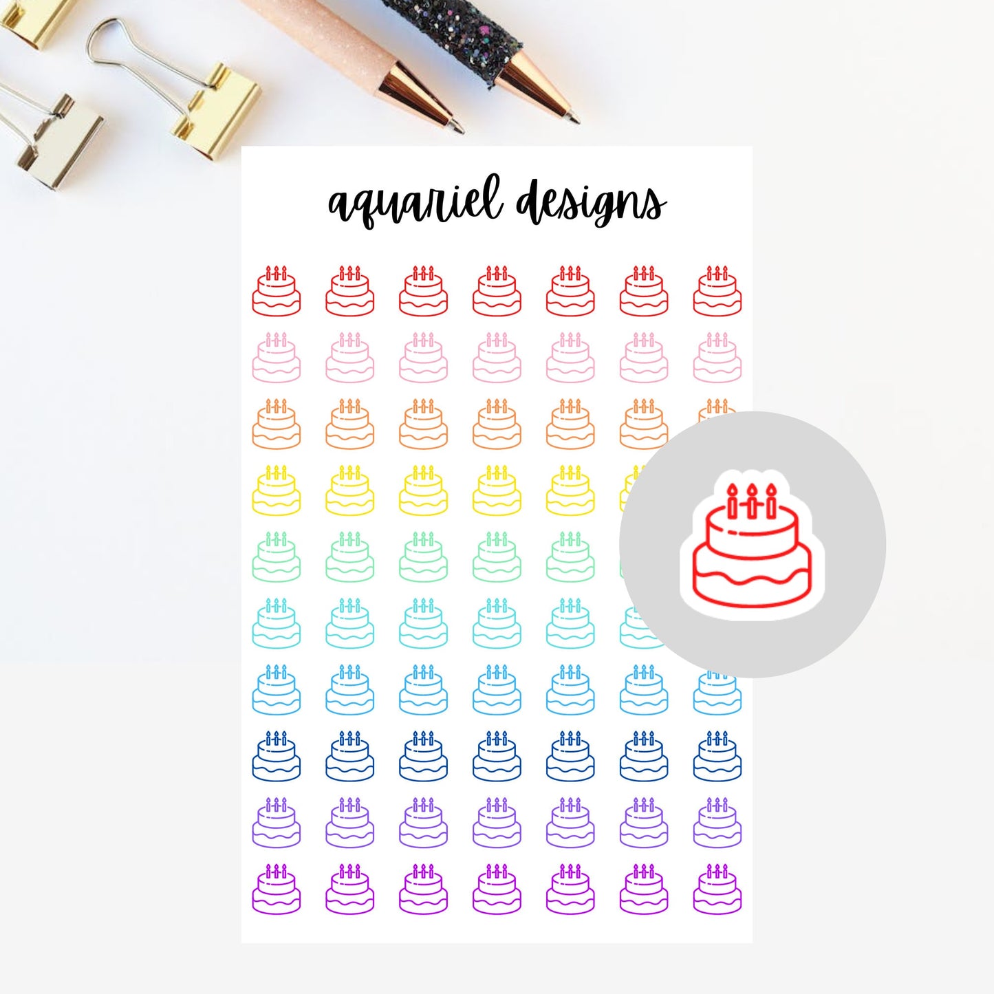 Mini Birthday Cake Stickers | Set of 70 Mini Birthday Icon Planner Stickers | Bullet Journal