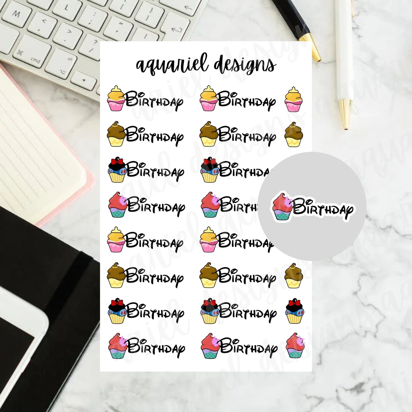 Disney Cupcake Birthday Stickers | Set of 24 Cupcake Birthday Planner Stickers | Bullet Journal Stickers