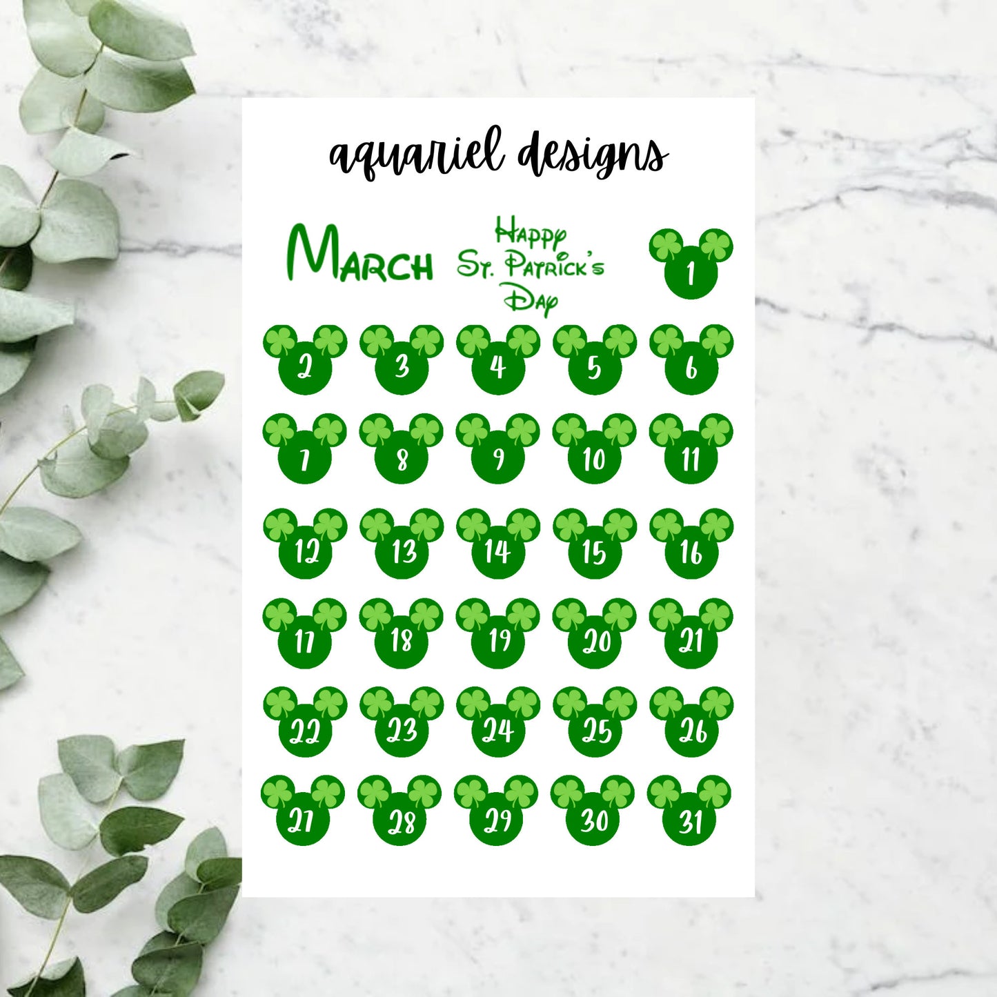 March Disney Dates | Set of 30+ St. Patrick's Day Theme Planner Stickers | Bullet Journal Stickers