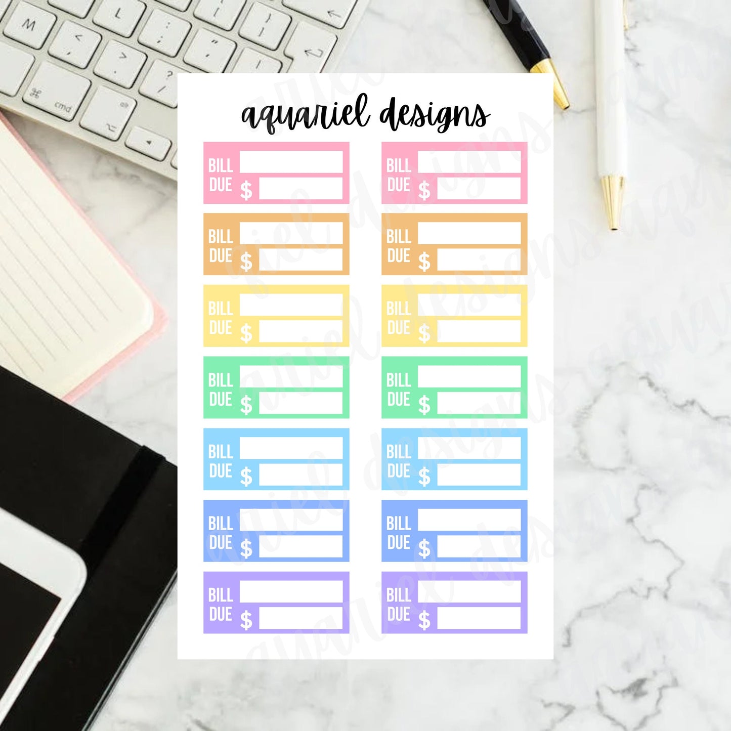 Bills Due Box Stickers | Set of 14 Rainbow Bills Due Planner Stickers | Bullet Journal Stickers