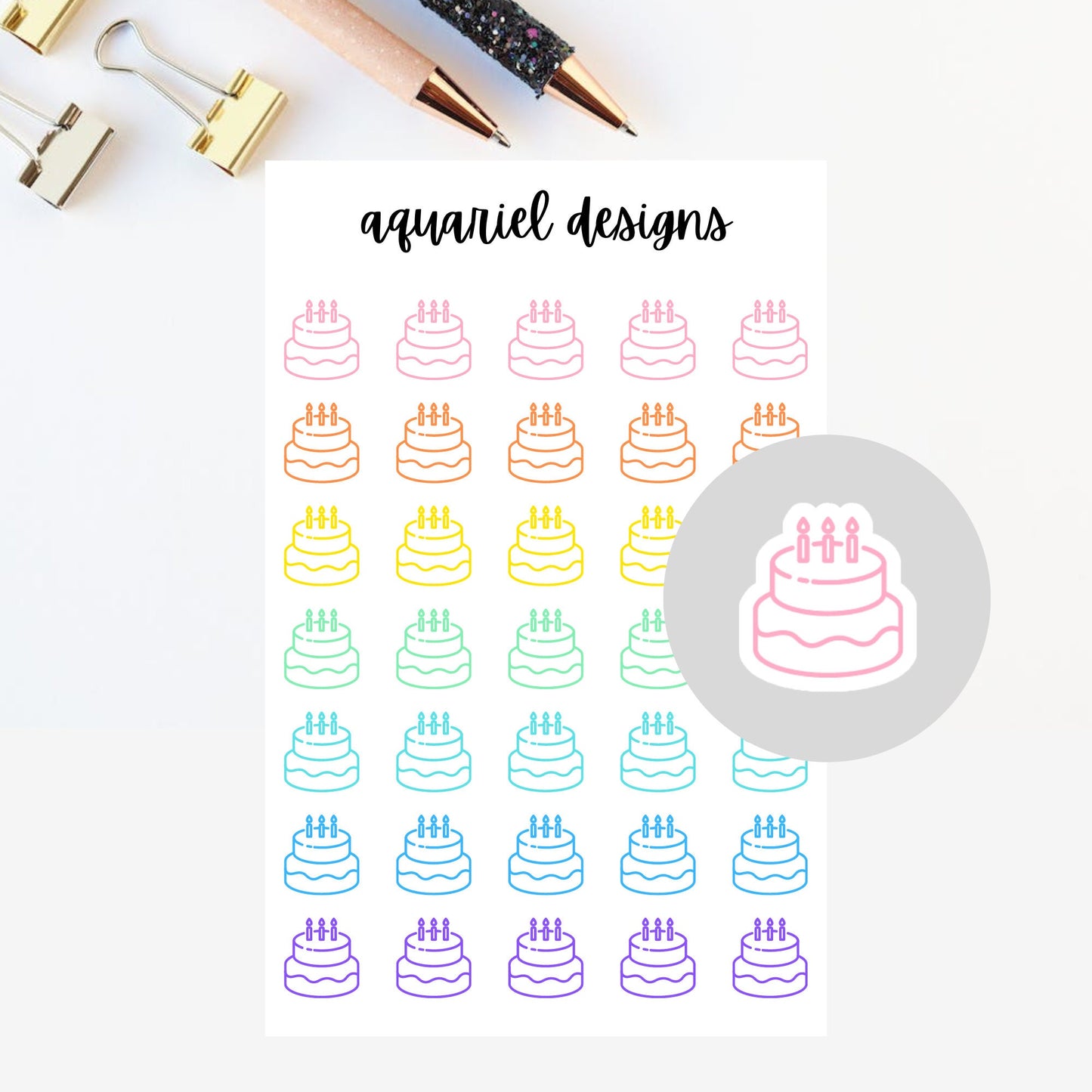 Birthday Cake Stickers | Set of 35 Birthday Icon Planner Stickers | Bullet Journal