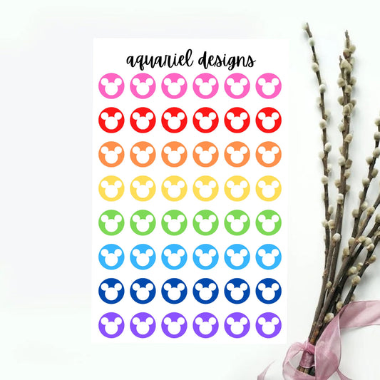 Rainbow Mouse Head Dot Stickers | Set of 48 Mickey Head Dot Planner Stickers | Disney Bullet Journal Stickers