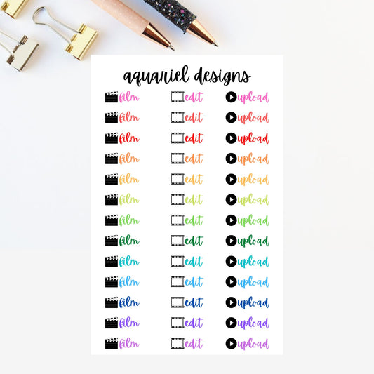 Film, Edit, Upload Stickers | Set of 39 Vlogging Planner Stickers | Bullet Journal Stickers