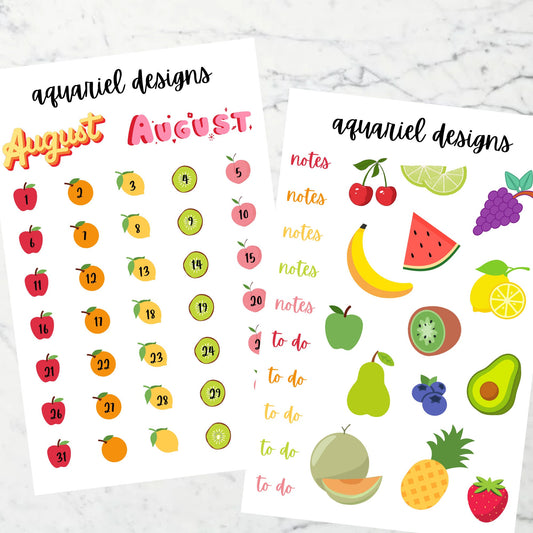 August Monthly Sticker Kit | Fruit Themed Stickers | Set of 60 August Planner Stickers | Bullet Journal Stickers