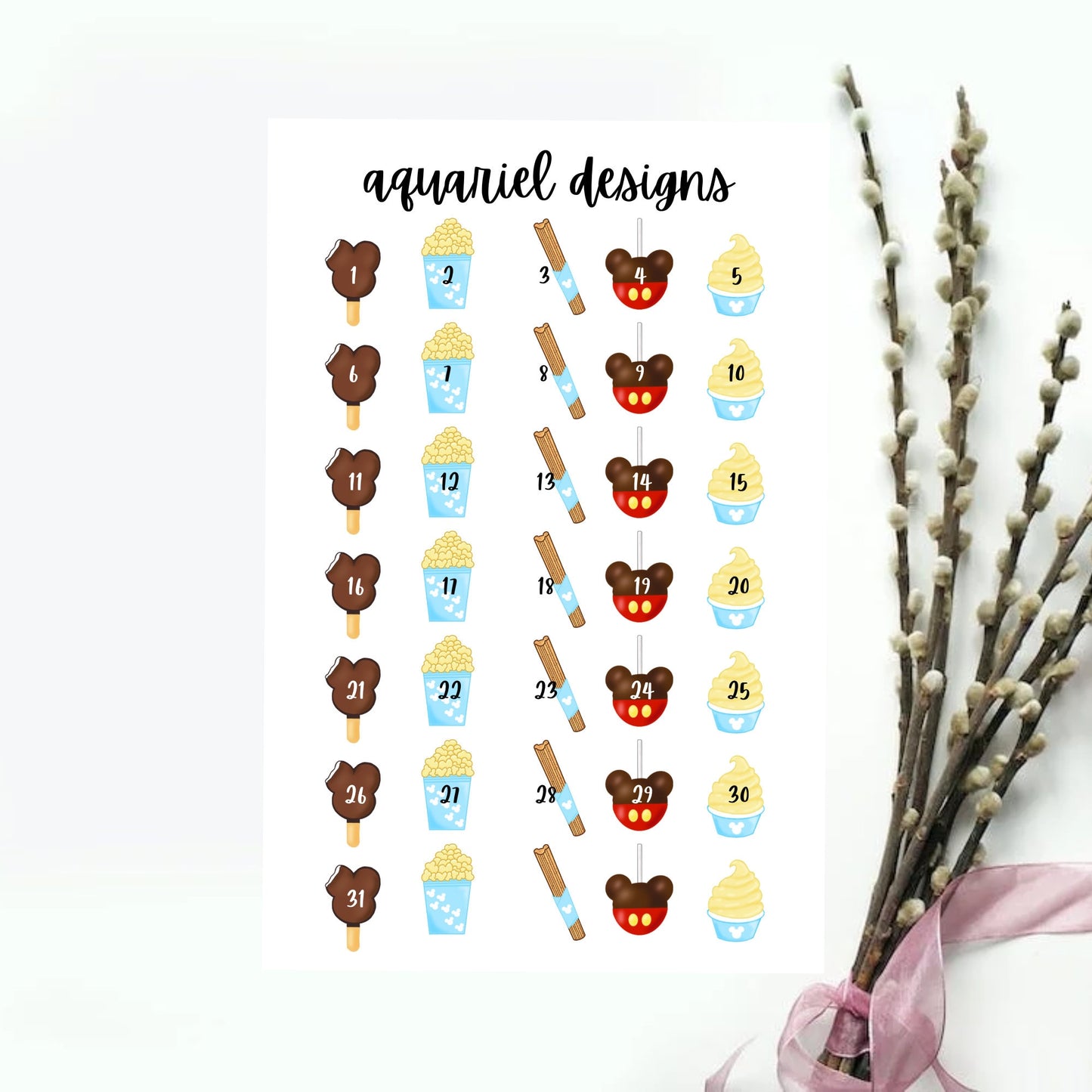 Disney Snacks Date Covers | Disney Ice Cream, Disney Popcorn, Disney Churro, Disney Candy Apple, Disney Dole Whip Date Planner Stickers