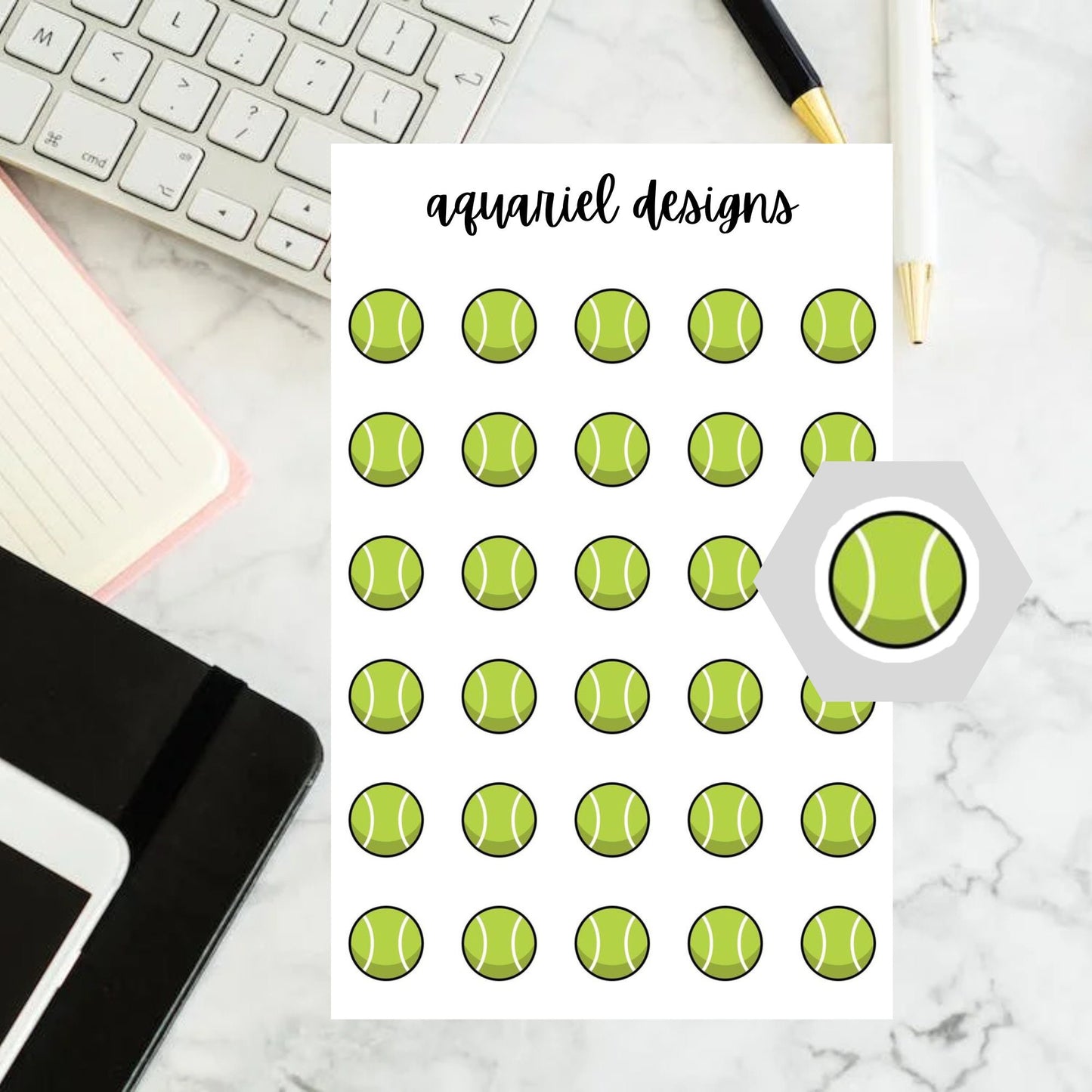 Tennis Ball Sticker Sheet | Set of 30 Tennis Ball Planner Stickers | Bullet Journal Stickers