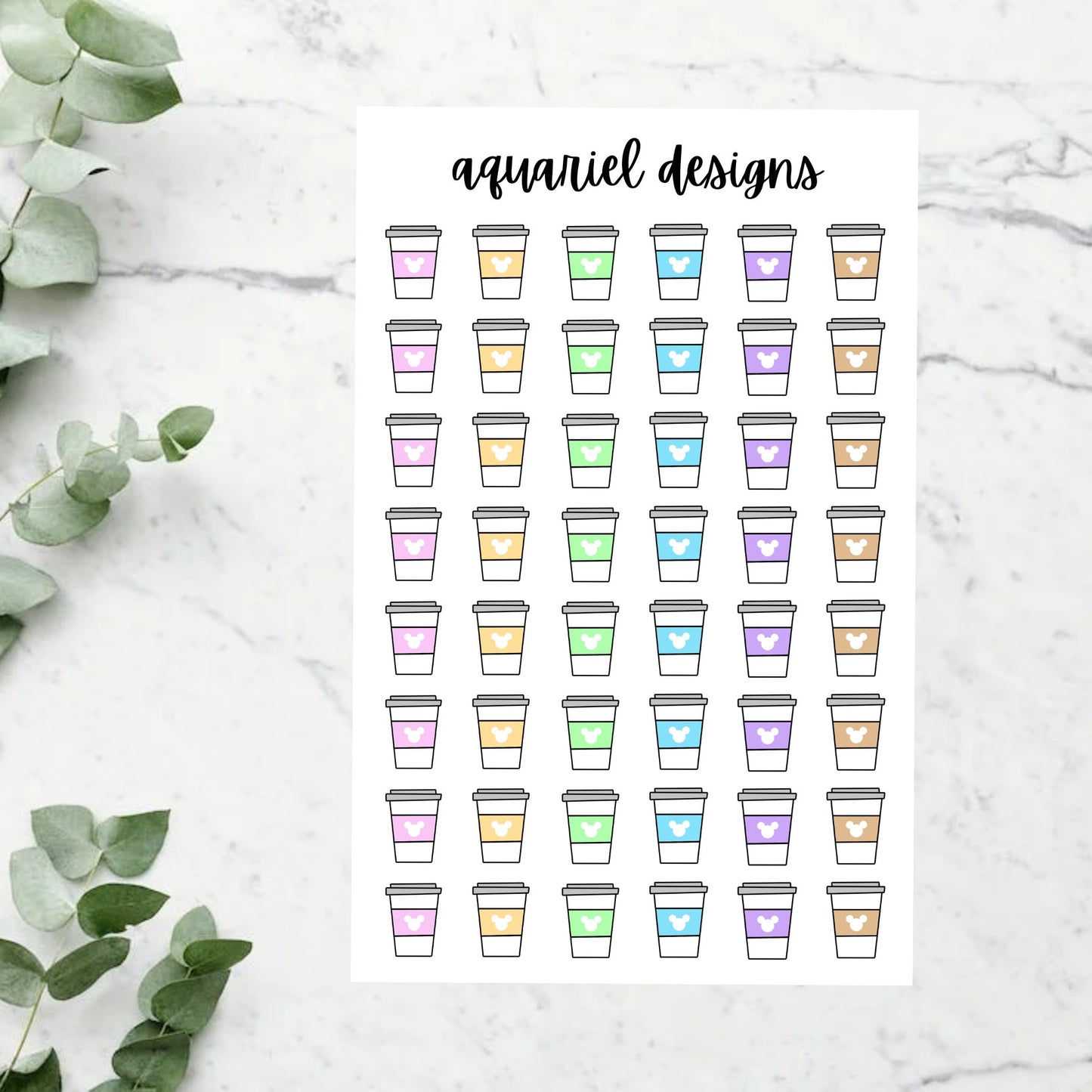 Mickey Coffee Cups Sticker Sheet | Set of 48 Coffee Cups Planner Stickers | Bullet Journal Stickers