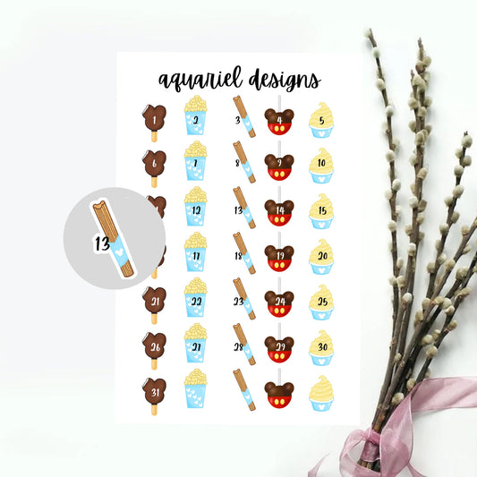 Disney Snacks Date Covers | Disney Ice Cream, Disney Popcorn, Disney Churro, Disney Candy Apple, Disney Dole Whip Date Planner Stickers