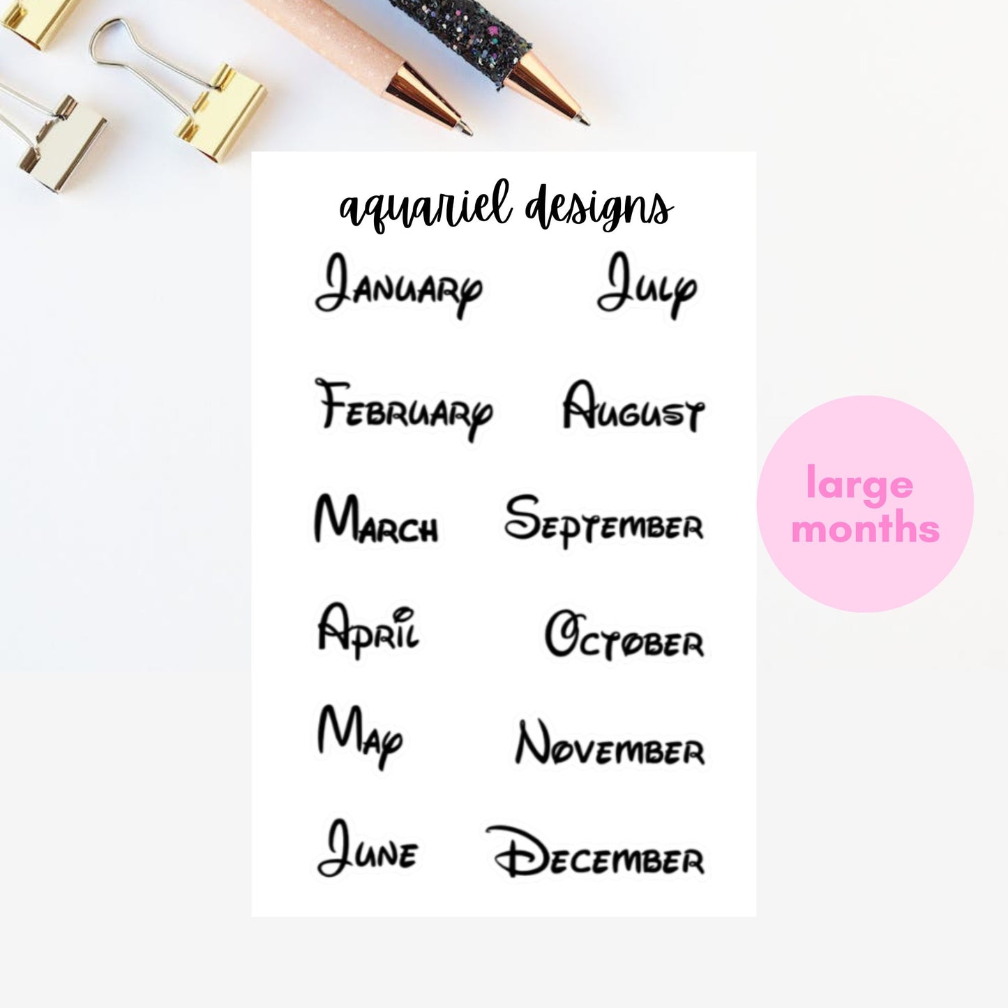 Disney Month Stickers | Waltograph Month Planner Stickers | Disney Font Bullet Journal Stickers