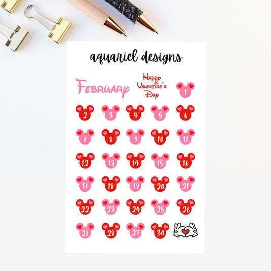 February Disney Dates | Set of 30+ Valentine's Day Themed Planner Stickers | Bullet Journal Stickers