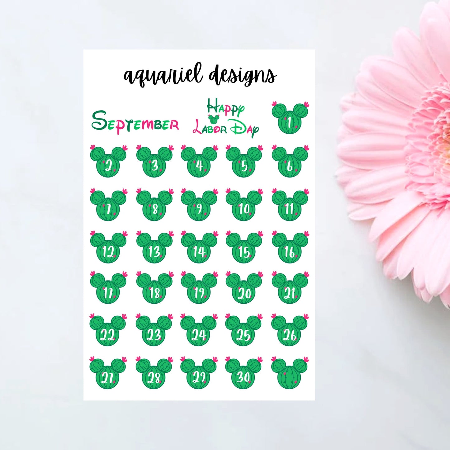 September Disney Dates | Set of 30+ Succulent Themed Planner Stickers | Date Cover Bullet Journal Stickers