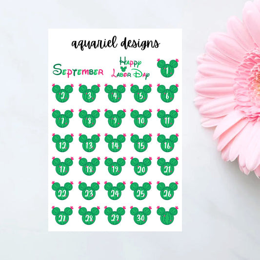 September Disney Dates | Set of 30+ Succulent Themed Planner Stickers | Date Cover Bullet Journal Stickers