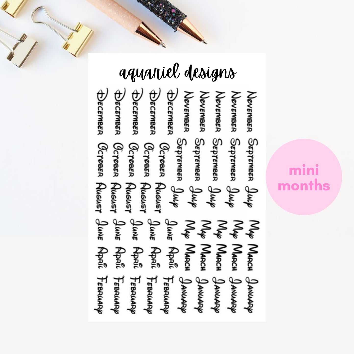 Disney Month Stickers | Waltograph Month Planner Stickers | Disney Font Bullet Journal Stickers