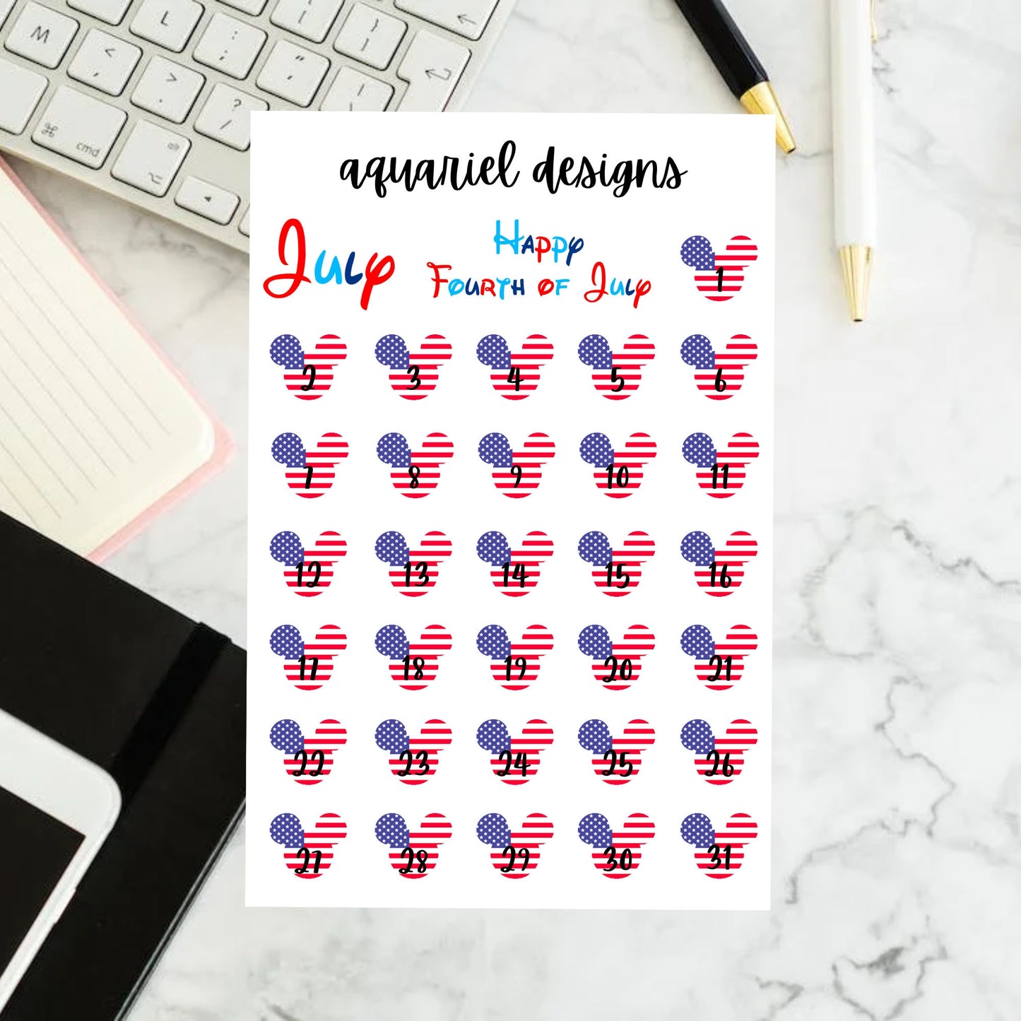 July Disney Dates | Set of 30+ 4th of July Themed Planner Stickers | Bullet Journal Stickers