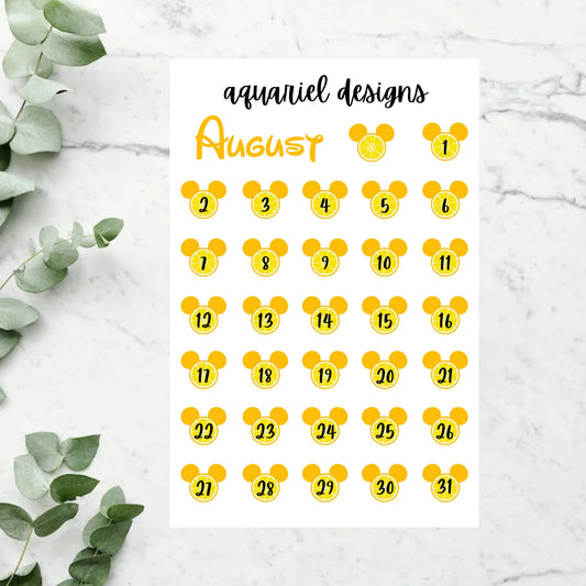 August Disney Dates | Set of 30+ Lemon Themed Date Cover Planner Stickers | Bullet Journal Stickers