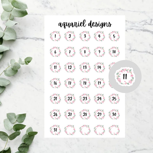 Floral Wreath Dates, Floral Date Cover Planner Stickers, Floral Bullet Journal Stickers