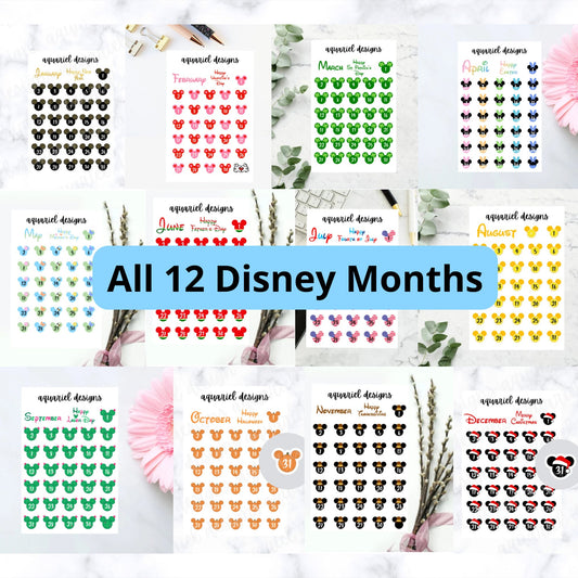 12 Pack Disney Monthly Stickers, Full Year of Disney Themed Planner Stickers, Bullet Journal Stickers