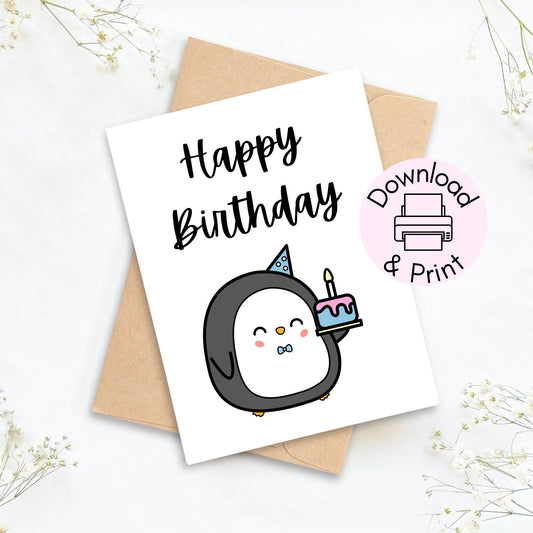 Penguin Birthday Card, Cute Printable Birthday Card, Cute Penguin Birthday Card, Happy Birthday Card, Instant Download PDF