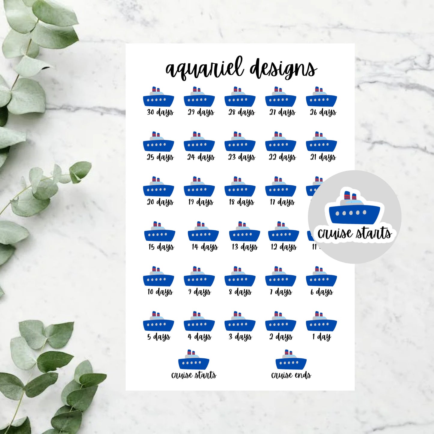 Cruise Countdown Stickers, Set of 32 Cruise Planner Stickers, Bullet Journal Stickers