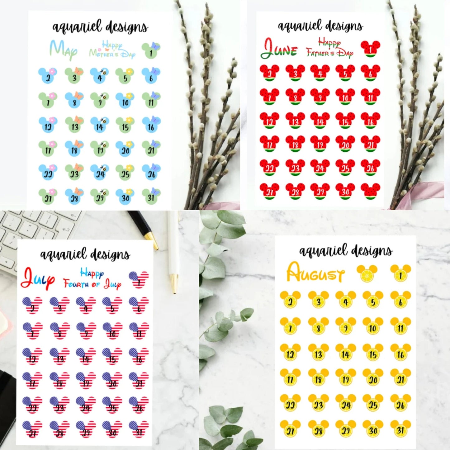 12 Pack Disney Monthly Stickers, Full Year of Disney Themed Planner Stickers, Bullet Journal Stickers