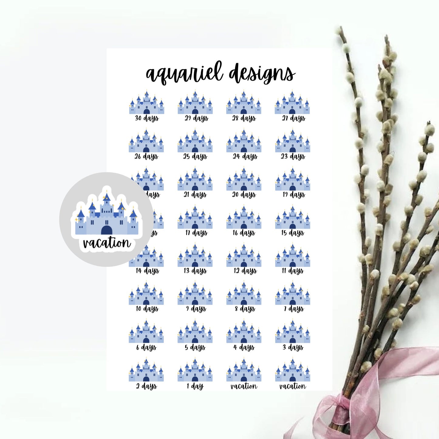 Disney Vacation Countdown Stickers, Set of 32 Disney Vacation Planner Stickers, Bullet Journal Stickers