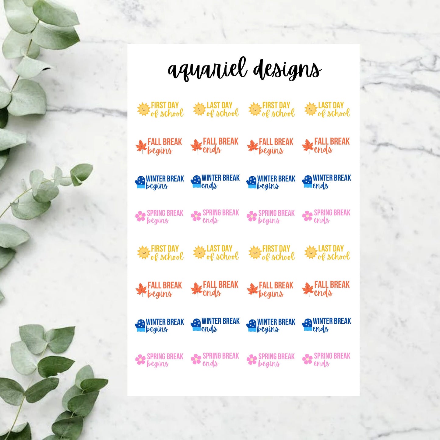 Mini School Breaks/Holidays Stickers, 32 School Breaks Planner Stickers, School Bullet Journal Stickers