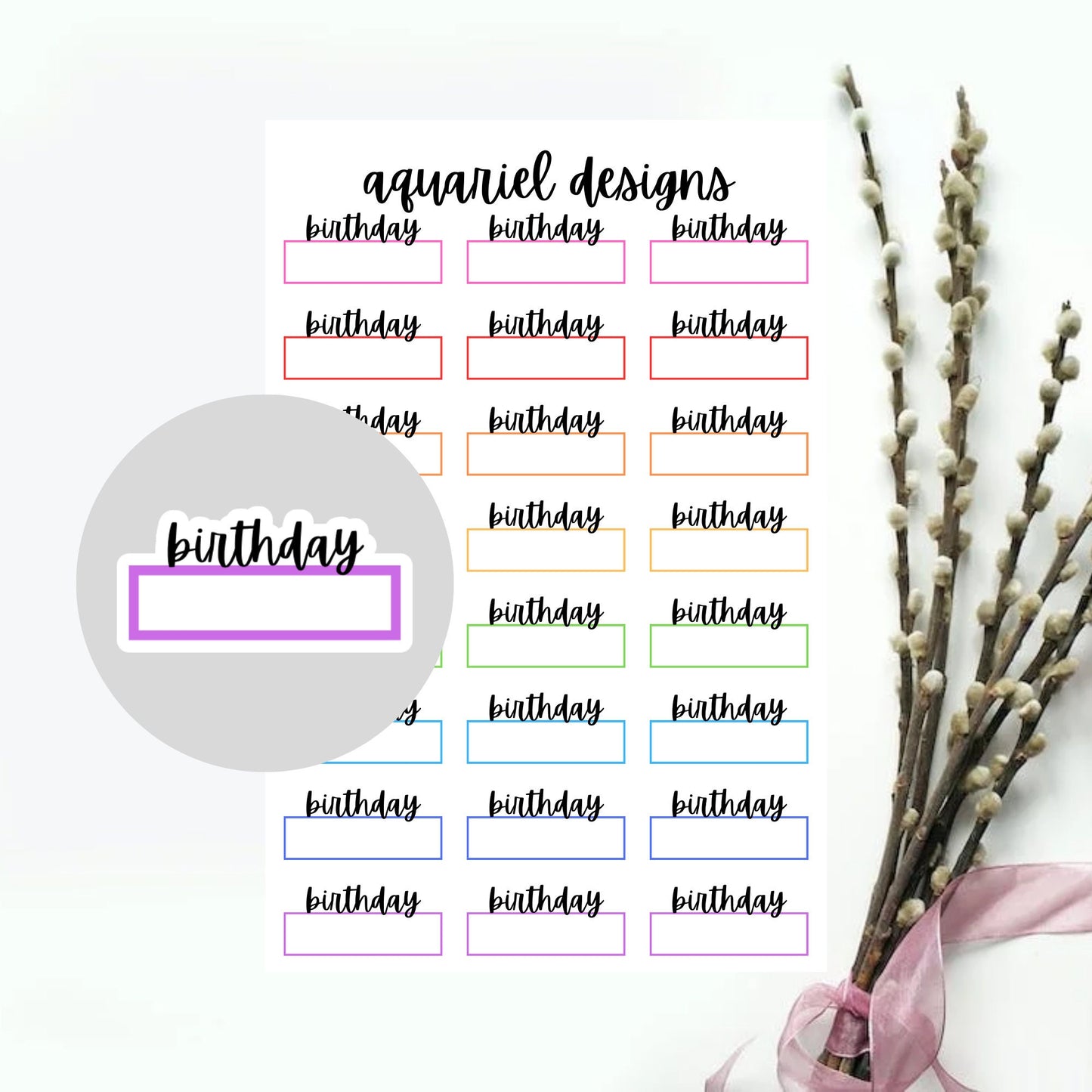 Birthday Script Stickers, Birthday Box Script Planner Stickers, Birthday Bullet Journal Stickers