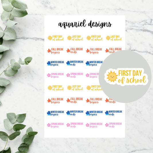 Mini School Breaks/Holidays Stickers, 32 School Breaks Planner Stickers, School Bullet Journal Stickers