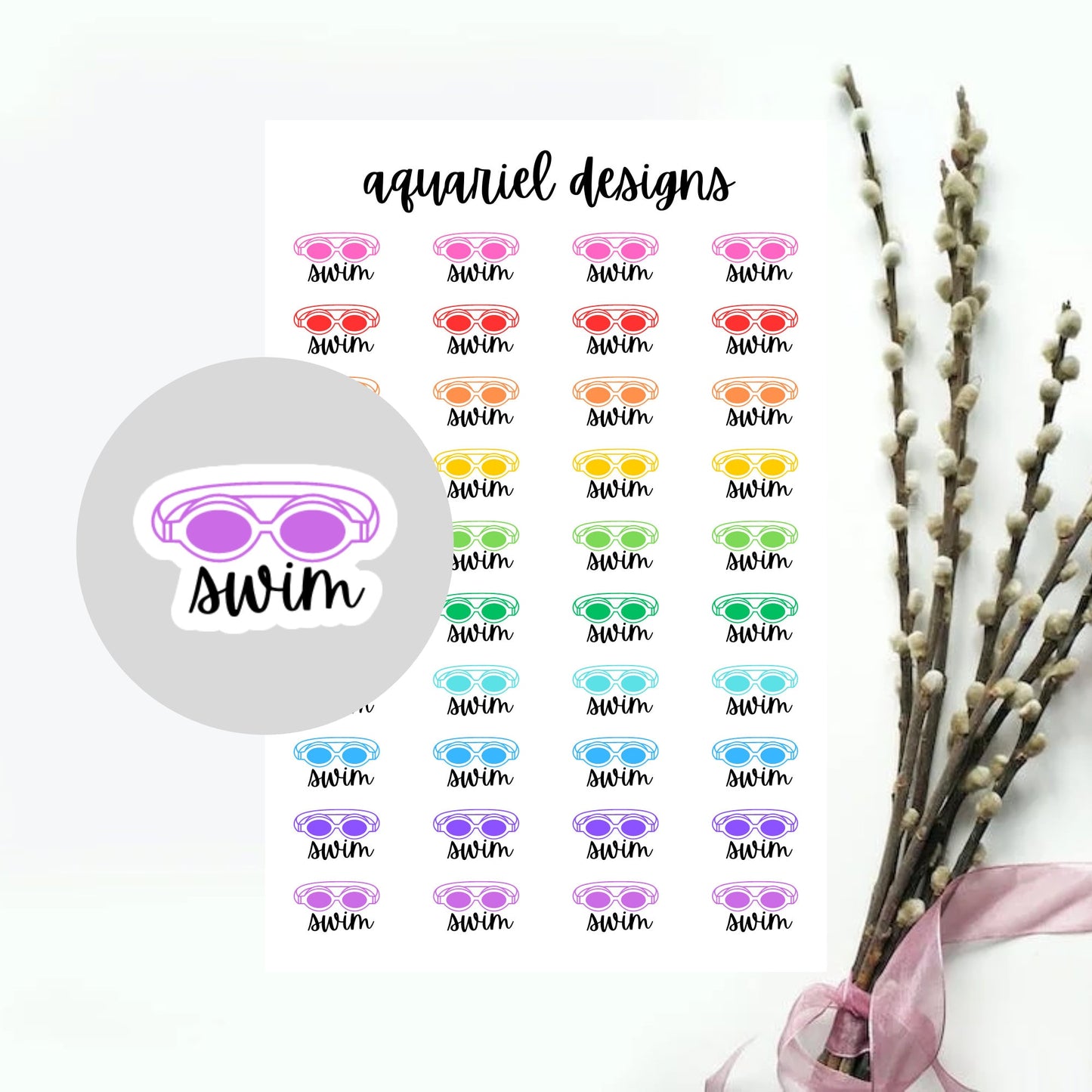 Swim Stickers, Swimming Planner Stickers, 40 Swim Stickers for Planners, Calendars, Bullet Journals, etc.