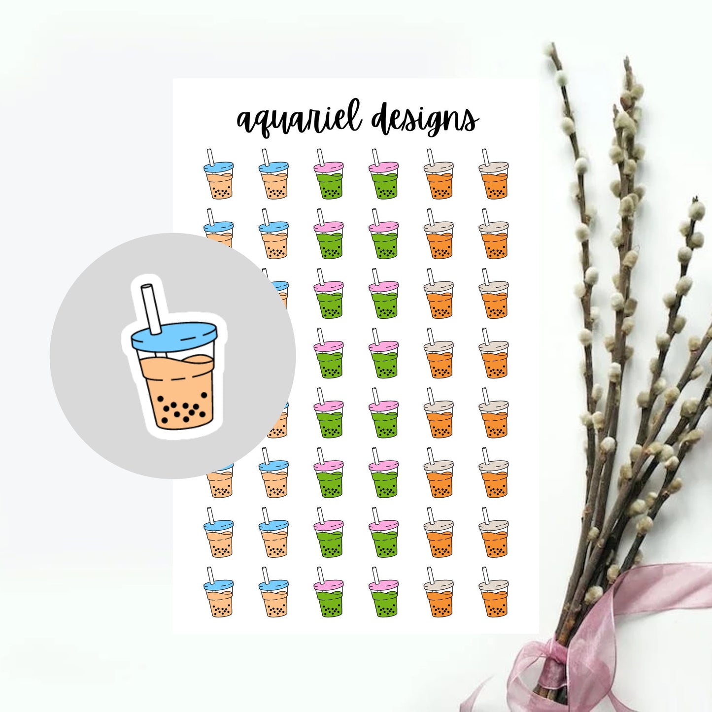 Boba Stickers, 48 Milk Tea, Matcha, Thai Tea Boba Stickers for Planners, Calendars, Bullet Journals, etc.