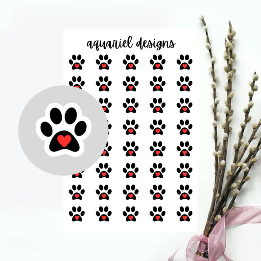 Paw Print Heart Stickers, Cute Animal Stickers for Planners, Calendars, Bullet Journals, etc.