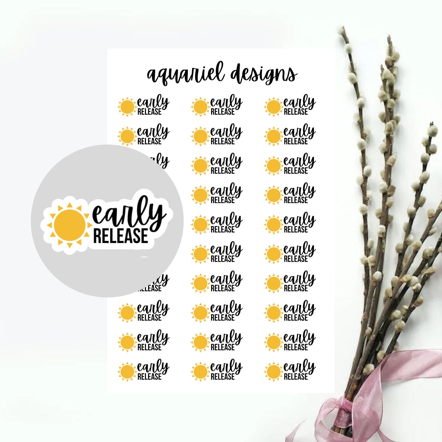 Sun Early Release Stickers, 30 Early Release Reminder Stickers for Planners, Calendars, Bullet Journals, etc.