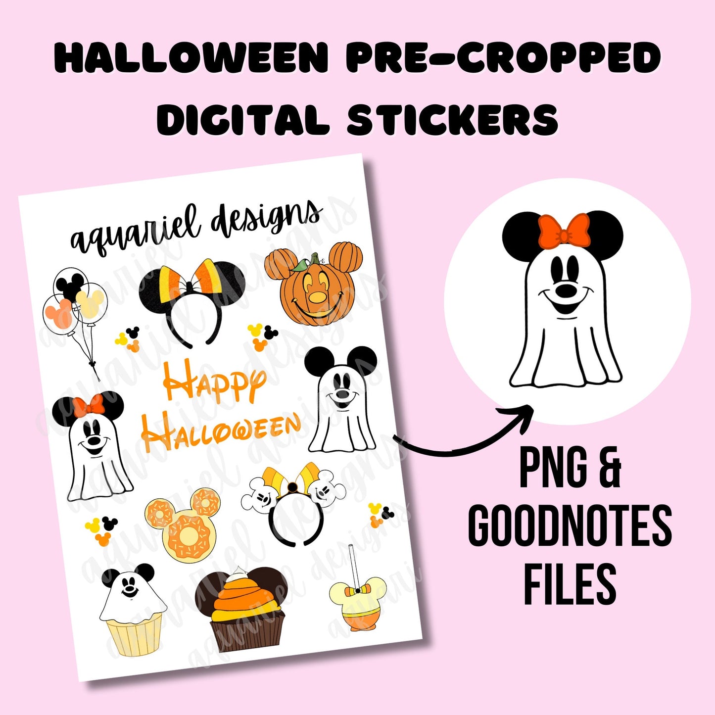 DIGITAL Halloween Magical Land/World Theme Park Bullet Journal Pre-Cropped Stickers, Trip Planner Icons, Mouse Ears Goodnotes PNG