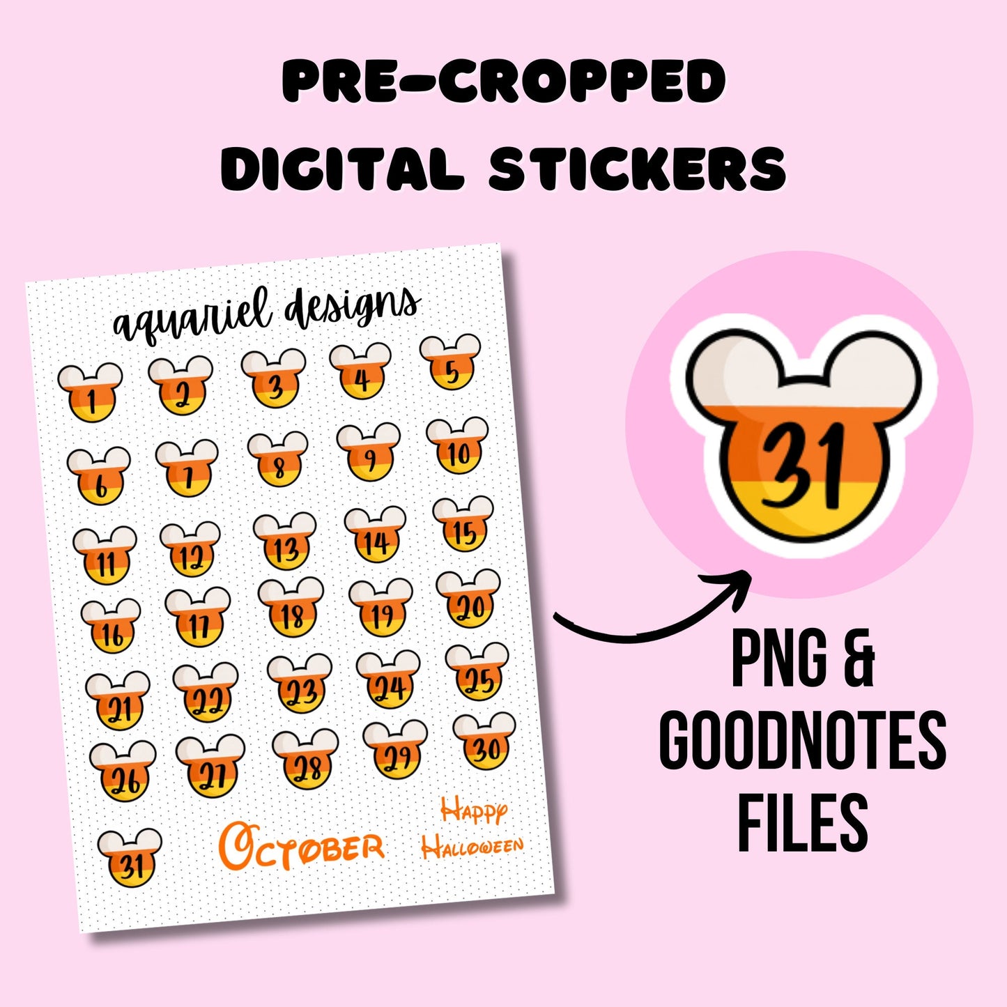 Candy Corn Mouse Head Dates Bullet Journal Digital Pre-Cropped Stickers, Mouse Ears Goodnotes PNG